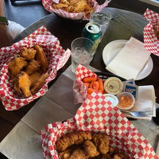 Bone In (7 Pc) with dry heavenly buffaloes seasoning and .5 Pound Boneless naked + Idaho Waffle Fries with dry heavenly buffaloes seasoning