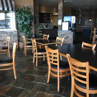 tables and chairs in a restaurant