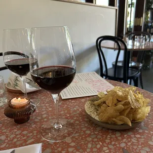 Gamay in front, Syrah in back, and the camembert with potato chips
