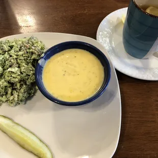 1/2 soup broccoli cheddar $2.25. Side of broccoli salad $2.25. Earl gray hot tea $1.75.