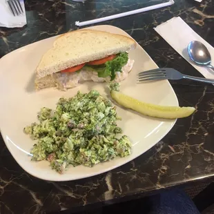Half chick salad sand w pecans + pineapple on sourdough w side broccoli salad w sunflower seeds and golden raisins $7