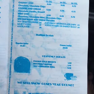 Menu, page 3 (frozen drinks, Italian sodas, baked treats)