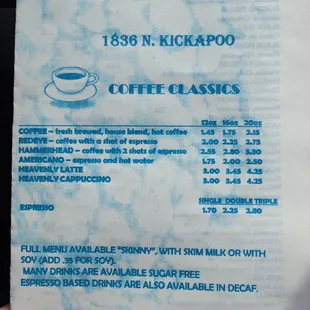 Menu, front page (standard coffee beverages)
