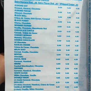 Menu, page 2 (espresso-based drinks)