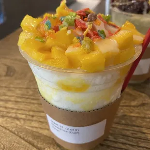 Mango Shaved Ice in a cup.  Made perfectly because there was a generous amount of chopped mangoes.