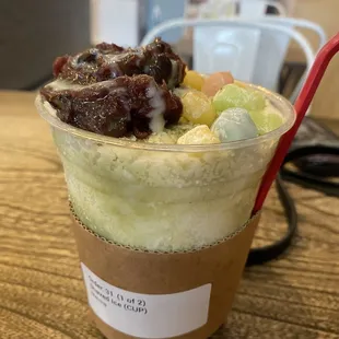 Matcha Shaved Ice in a cup. Not enough matcha flavor for my daughter.