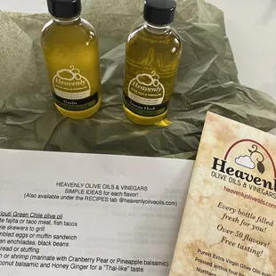 My garlic and Tuscan olive oil with the papers for the notes on each flavor
