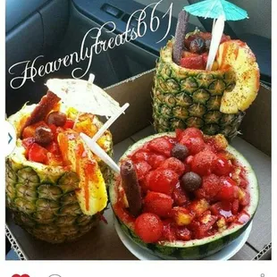 Our famous watermelom &amp; pineapple cocktails always made fresh to order ! Fresh fruit cut daily ! Looks delicious, taste heavenly !!