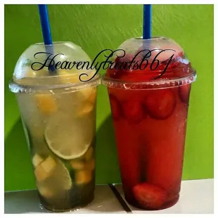 Our organic lemonades strawberry w/ limes or mango w/ lemons heaven I tell you !
