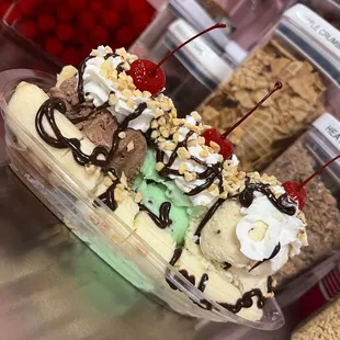 a banana split with toppings