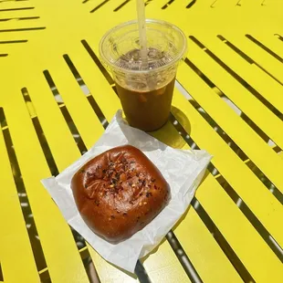Spicy beef kolache and iced cortado