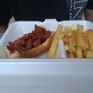 Heavy D Dog with Alpastor meat(regular size hit dog*). Comes with fries.