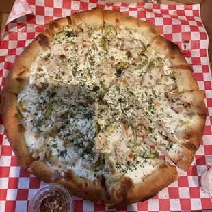 Pickle pizza with easy cheese and grilled chicken