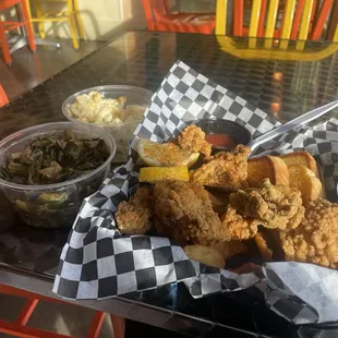 Oyster Oysters Heavy Basket with  Side of Greens and Mac and Cheese.