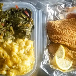 Soul Special: Fried fish,  Texas toast,  greens, spaghetti, mac-n-cheese