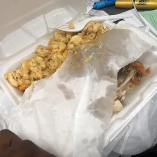 Greasy food. Nasty thick, chewy noodle Mac n cheese.