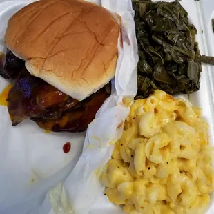 Beef brisket, collard greens and mac &amp; cheese