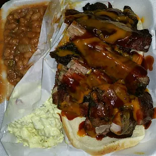 BBQ ribs with potato salad and baked beans. @HEAVYSFOODTRUCK