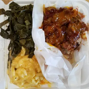 BBQ pulled pork (requested sans bun), collard greens and mac &amp; cheese, $10