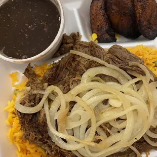 Ropa Vieja Lunch yellow rice with Black Beans and Maduros