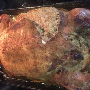 Cooked boudin stuffed turkey. So easy to cook and tastes amazing!!!