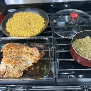 Deboned chicken stuffed w/cornbread dressing, corn, and green beans