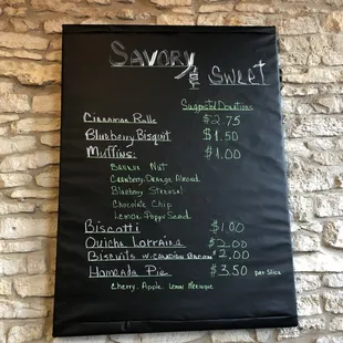 a menu on the wall