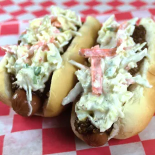 Superdogs - Chili dogs topped with Jalapeno Cole Slaw