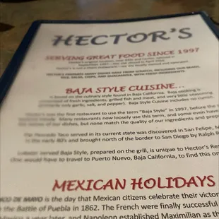 Front of menu