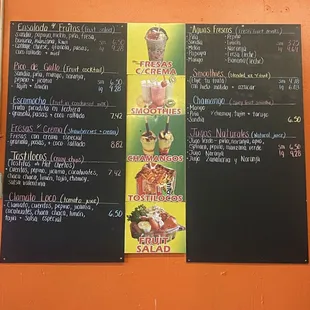 Fruteria menu Aguas frescas, smoothies, fruit salads, natural juices, mexican snacks/ deserts / antojitos