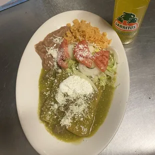 Enchiladas verdes with rice and beans