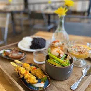 Set 02: Gai Satay, Chu Chee Pal Thod, Koong Pad Normai, Fried Pork Toast, Jasmine+brown rice+riceberry, Mamuang Pudding | $19.95