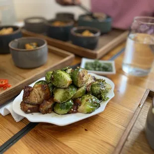 Crispy pork belly and Brussels sprouts
