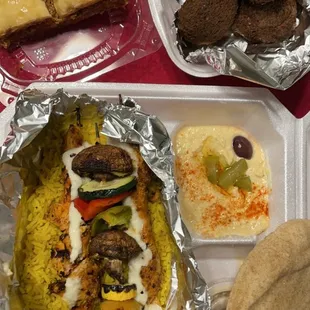 Baklava Dessert, Falafel, Chicken Kabobs Plate