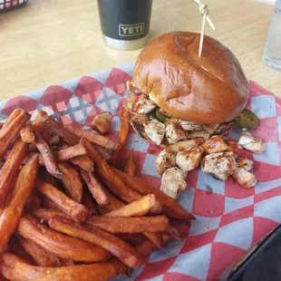 BBQ chicken sammich with side upgraded to sweet tater fries