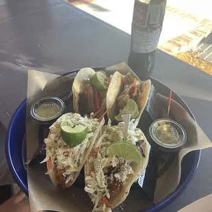 Steak fajitas (back) and blackened shrimp fajitas (front)