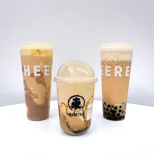 Fresh Taro Cake Milk Tea (Rate: 3/5) Chestnut Mochi Milk Tea (Rate: 3/5), Salted Cheese Milk Tea with boba (Rate: 4/5)