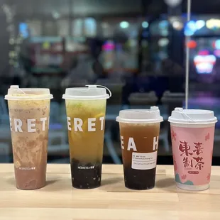 Fresh taro creme brûlée MT, fresh lemon four season, osmanthus oolong tea, hot peach oolong tea