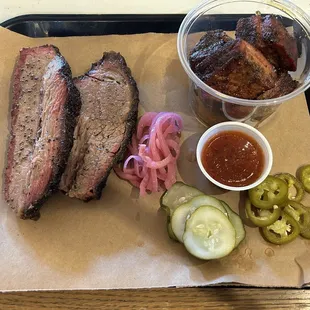 Half lbs of their brisket w/ all the fixings and divine pork belly burnt ends!