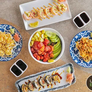 a variety of sushi dishes