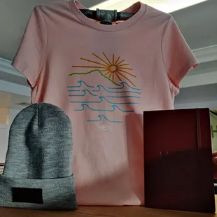 Shirt, journal, and beanie