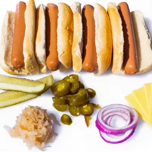 hot dogs, pickles, and cheese