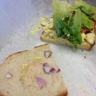 Egg salad sandwich. Requested lettuce, tomato, and onions. Apparently onions are difficult to come by these days...