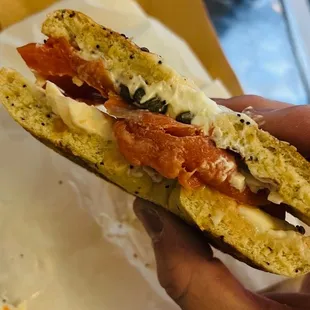 a person holding a sandwich