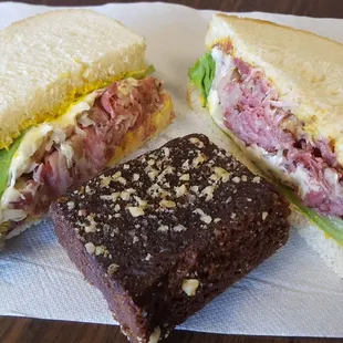 Pastrami with sauerkraut and cheese, and brownie.