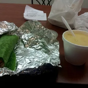 turkey cranberry wrap and clam chowder.