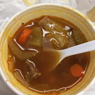 Portuguese bean soup is very good. It only comes in a small size but you get garlic bread with it $4.19