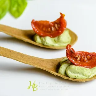 Marinated Roasted Tomato with Pesto Cream on an Oregano Baked Edible Spoon