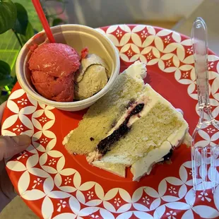 a slice of cake and a bowl of ice cream