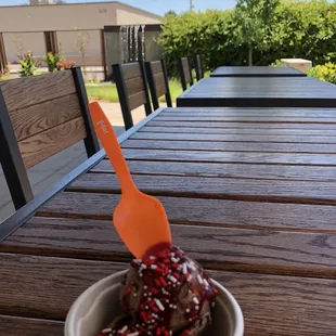 Chocolate ice cream with strawberry jam and yelp sprinkles!